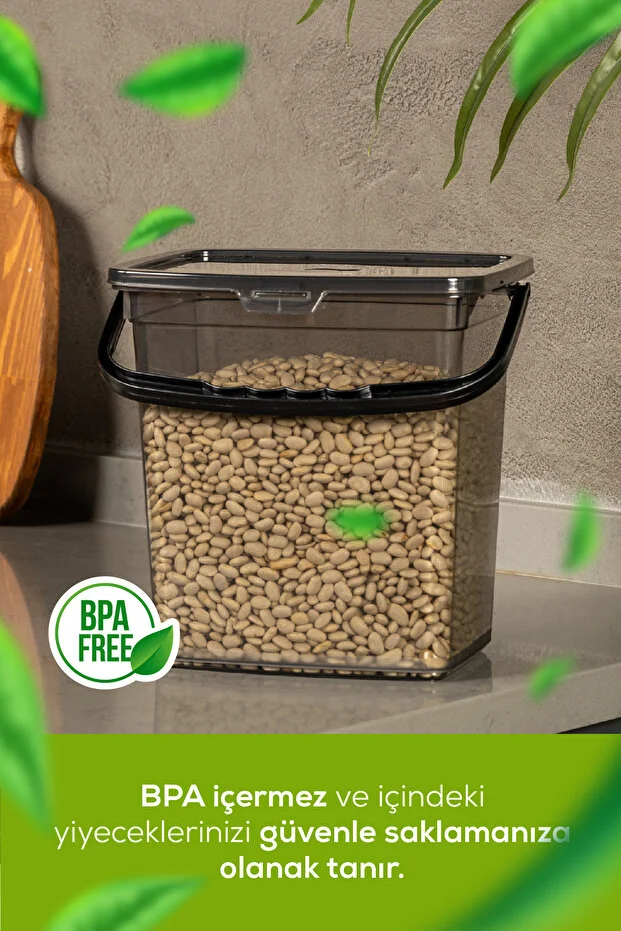 4 Adet Kare Un Bakliyat Kabı 6 Litre - Kulplu Deterjanlık Saklama Kutusu Kabı Antrasit